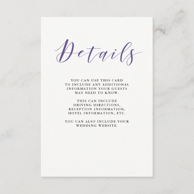 Carte D'accompagnement Élégante typographie | Détails de l'invité Violet (Devant)
