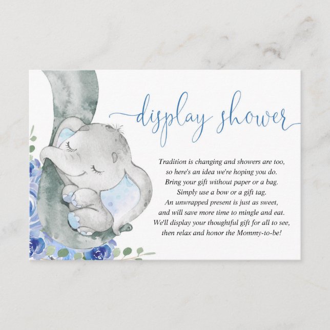Carte D'accompagnement Eléphant garçon bleu douche à affichage floral (Devant)