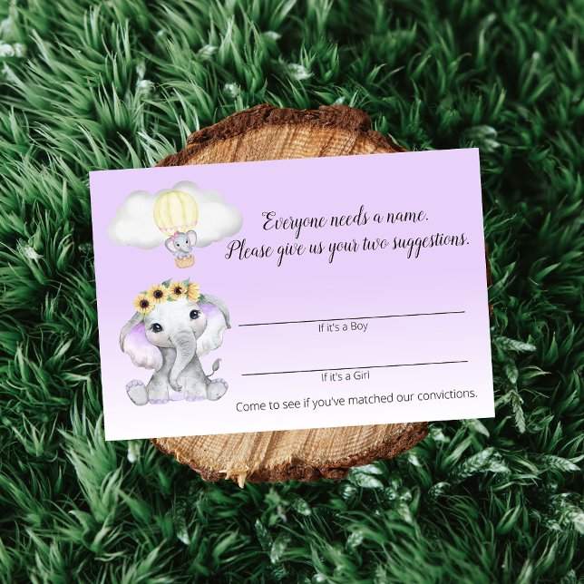 Carte D'accompagnement Elephant Hot Air Balloon Nom du bébé Jeu violet (Créateur téléchargé)