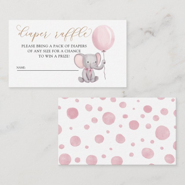 Carte D'accompagnement Eléphant Rose Fille Avec Balloon Diaper Raffle (Devant / Derrière)