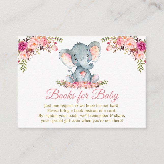 Carte D'accompagnement Elephant Rose Floral Gold Livres Pour Baby shower (Devant)