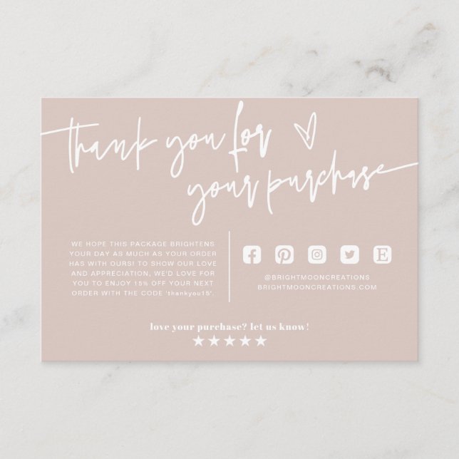 Carte D'accompagnement Emballage Boho Blush Pink Merci minimum Insérer (Devant)