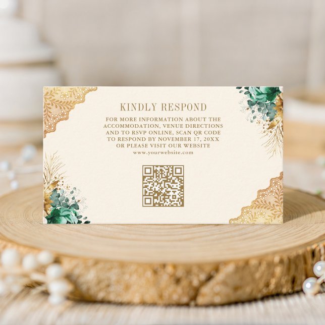Carte D'accompagnement Emerald Floral Gold Lace Cream Mariage QR Code (Créateur téléchargé)