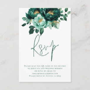 Carte D'accompagnement Emerald Gold Flowers Script QR Code Mariage