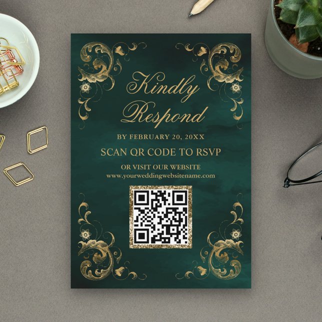 Carte D'accompagnement Emerald Green Code QR RSVP Mariage Site Web (Créateur téléchargé)