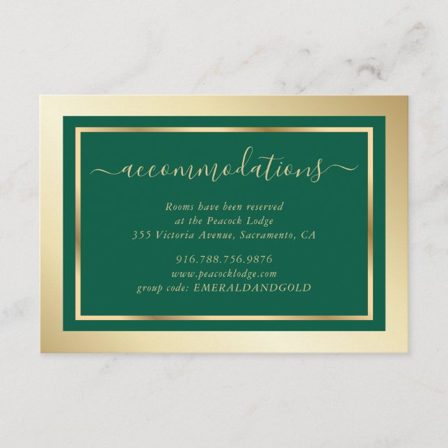 Carte D'accompagnement Emerald Green et Gold Mariage Hôtel Hébergement (Devant)