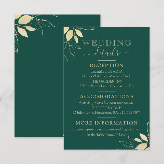 Carte D'accompagnement Emerald Green & Faux Gold Foliage Mariage moderne (Devant / Derrière)