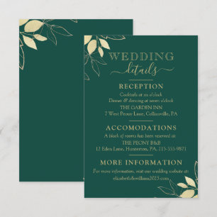 Carte D'accompagnement Emerald Green & Faux Gold Foliage Mariage moderne