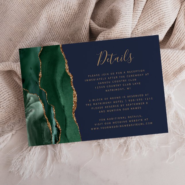 Carte D'accompagnement Emerald Green Gold Agate Navy Blue Mariage Détails (Créateur téléchargé)