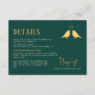 Carte D'accompagnement Emerald Green & Gold Birds Flowers Détails du Mari