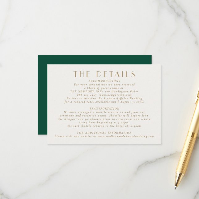 Carte D'accompagnement Emerald Green Gold| Fiche de boîtier Détails maria (Devant/Arrière en situation)