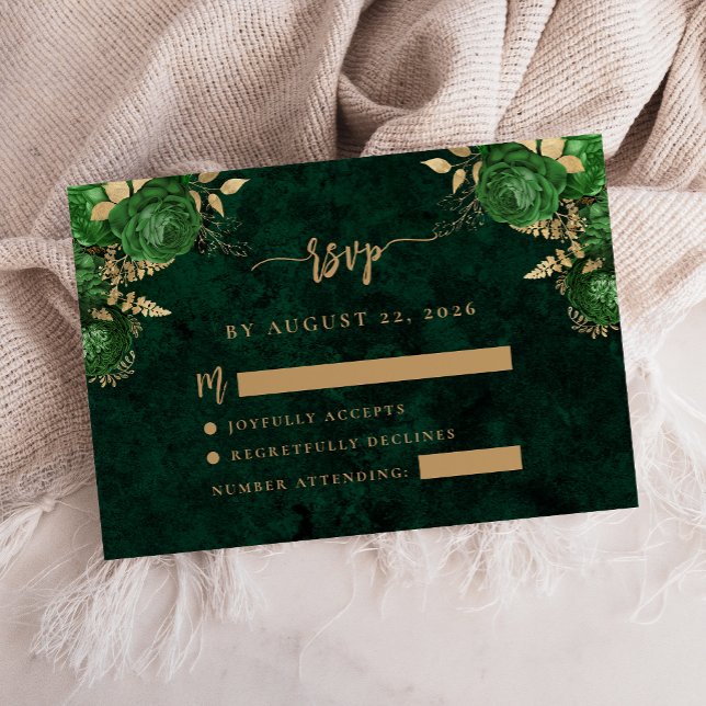 Carte D'accompagnement Emerald Green Gold Floral Agate Wedding RSVP (Créateur téléchargé)