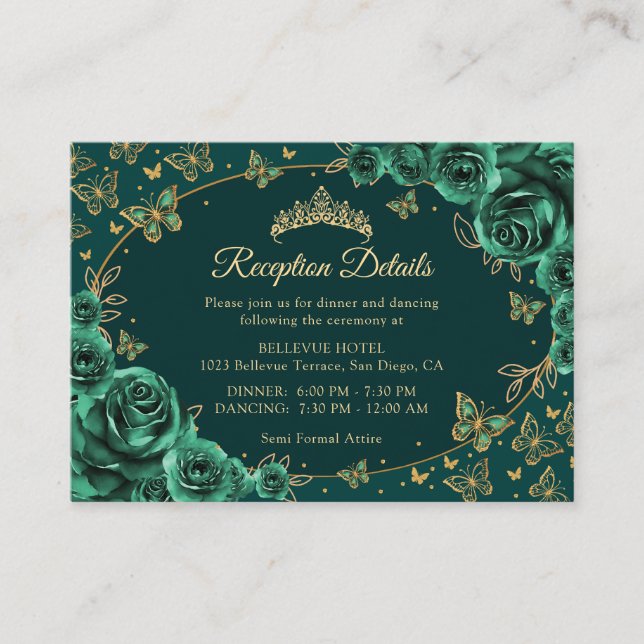 Carte D'accompagnement Emerald Green Gold Quinceanera Reception Details (Devant)