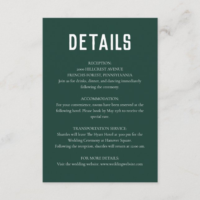 Carte D'accompagnement Emerald Green Moderne minimaliste Mariage (Devant)