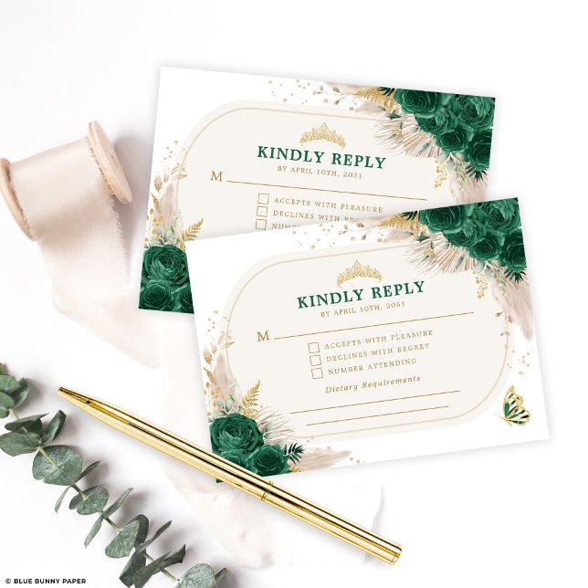 Carte D'accompagnement Emerald Green Quinceanera Couronne Princesse RSVP (Créateur téléchargé)