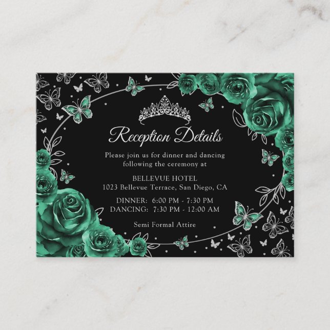 Carte D'accompagnement Emerald Green Silver Quinceanera Reception Details (Devant)