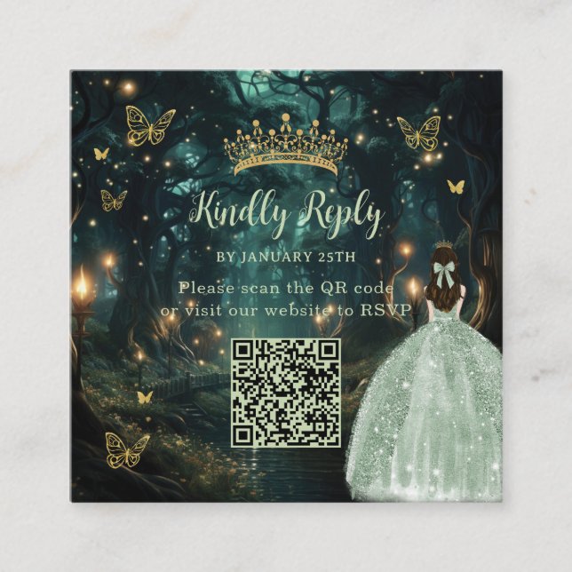 Carte D'accompagnement Enchantée Forêt Vert Quinceañera QR RSVP (Devant)