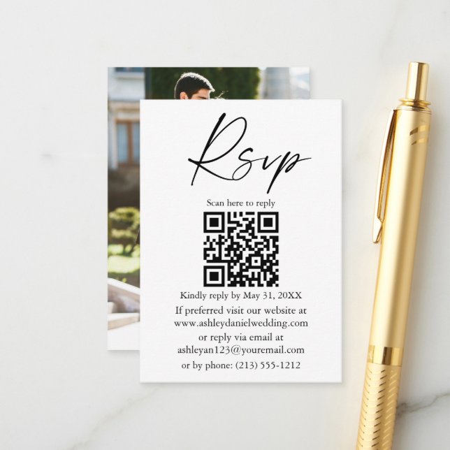 Carte D'accompagnement Encre de calligraphie Script Photo Mariage QR RSVP (Devant/Arrière en situation)