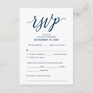 Carte D'accompagnement Esthétique, Navy Blue, Dîner Mariage RSVP, Répondr