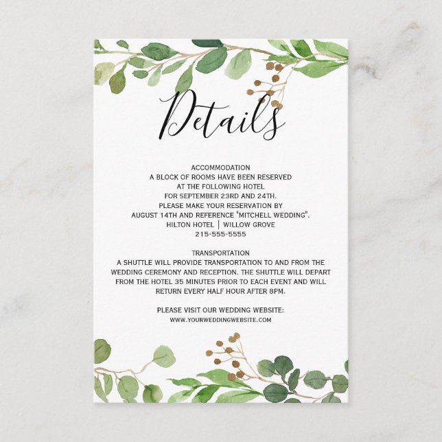 Carte D'accompagnement Eté prairie feuille Aquarelle Mariage Détails (Devant)