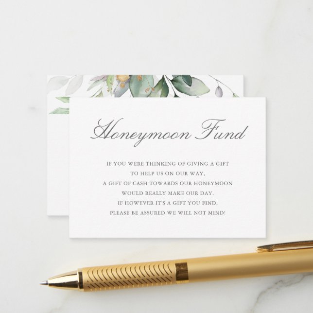 Carte D'accompagnement Eucalyptus Feuille Green Mariage Honeymoon Fund (Devant/Arrière en situation)