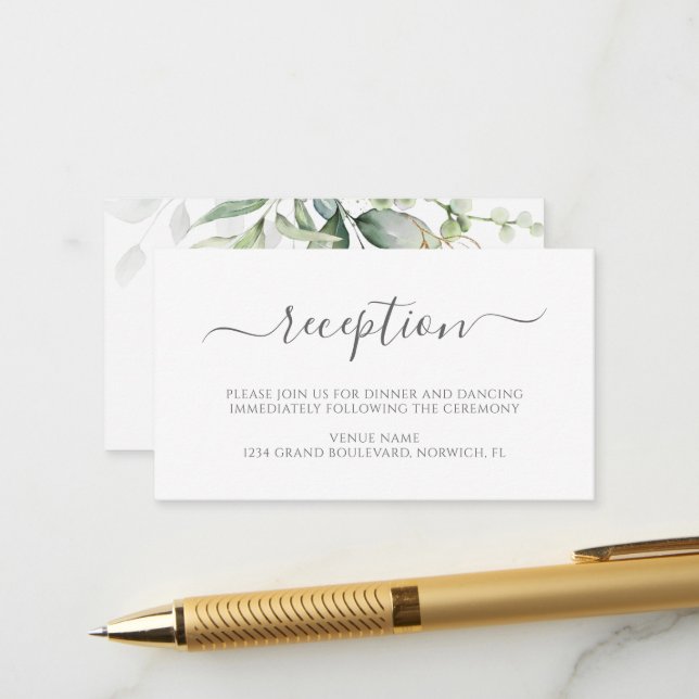 Carte D'accompagnement Eucalyptus Feuille Greenery Réception de mariage (Devant/Arrière en situation)