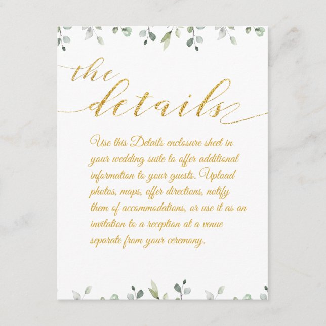 Carte D'accompagnement Eucalyptus Green Bordure Gold Détails du Mariage (Devant)