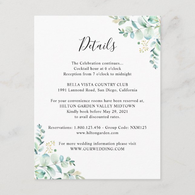 Carte D'accompagnement Eucalyptus Green Information d'hôte (Devant)