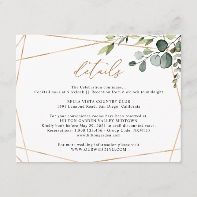 Carte D'accompagnement Eucalyptus Greenery Gold Geometric Wedding Details (Devant)