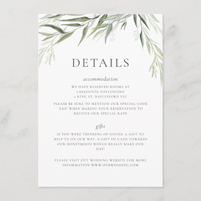 Carte D'accompagnement Eucalyptus Gum Feuille Mariage de verdure (Devant)