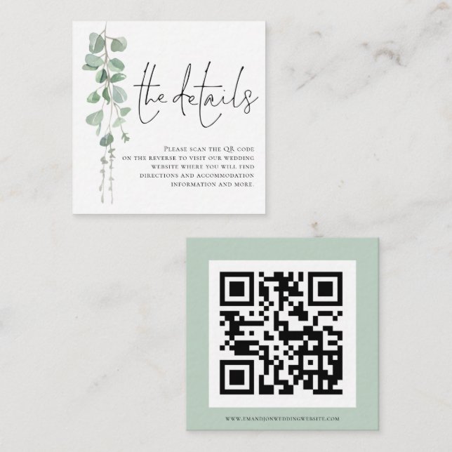 Carte D'accompagnement Eucalyptus moderne Script QR Code Détails du Maria (Devant / Derrière)
