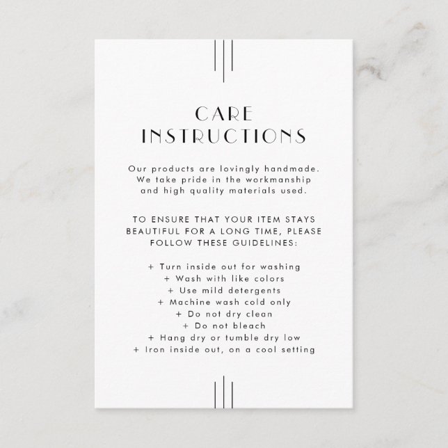 Carte D'accompagnement EVERLY Art Deco Business Product Care Instructions (Devant)