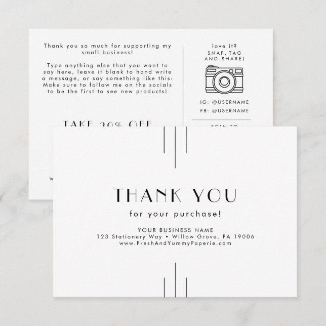 Carte D'accompagnement EVERLY Art Deco Small Business Thank You Order (Devant / Derrière)