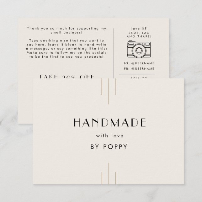 Carte D'accompagnement EVERLY Ivory Handmade with Love Thank You Order (Devant / Derrière)