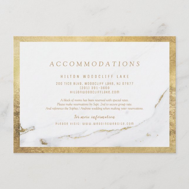Carte D'accompagnement Faux doré marbre moderne mariage hébergement (Devant)