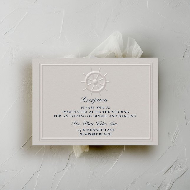 Carte D'accompagnement Faux Embossed Boat Helm Coastal Wedding Réception (nautical wedding reception details card faux embossed boat helm double frame modern classic navy)