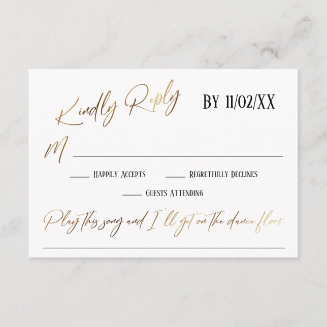 Carte D'accompagnement Faux Gold écriture simple demande de chanson RSVP (Devant)