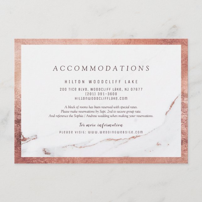 Carte D'accompagnement Faux rose marbre or moderne mariage hébergement (Devant)