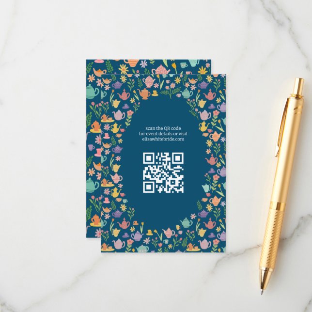 Carte D'accompagnement Fête de Mariée Tea Party Code QR personnalisé mign (Devant/Arrière en situation)