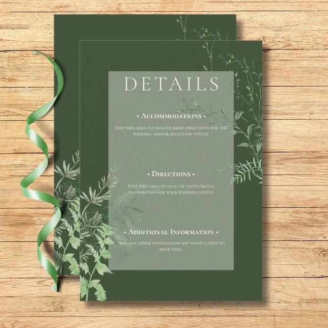 Carte D'accompagnement Feuillage vert d'émeraude vert de fougère rustique (Rustic Fern Green Foliage Emerald Green Details Enclosure Card)