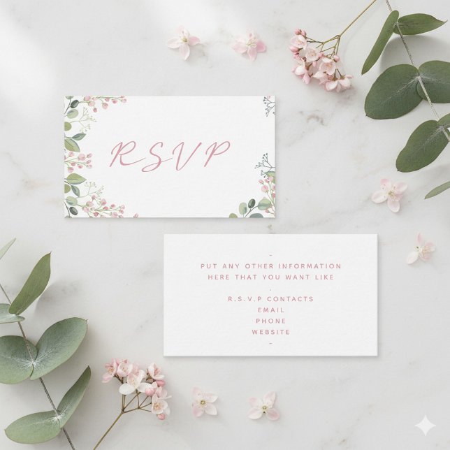 Carte D'accompagnement Feuilles d'aquarelle avec fleurs roses mariage "RS (Pretty green and pink R.S.V.P enclosure card.)