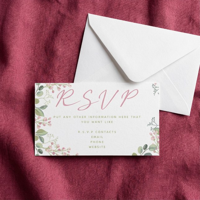 Carte D'accompagnement Feuilles et fleurs roses et vertes, "RSVP" (Pink and green leaves and flowers, "RSVP" Enclosure Card.)