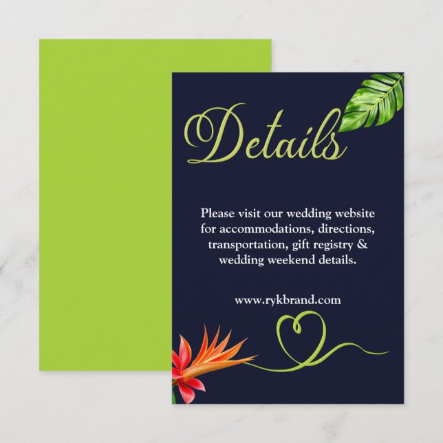 Carte D'accompagnement Feuilles tropicaux et fleurs Mariage rétro (Devant / Derrière)