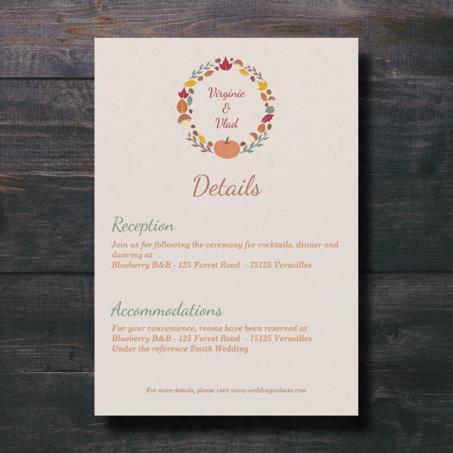 Carte D'accompagnement Fiche de fermeture de courroies et de Mariages de  (Wreath & Fall Wedding Details Enclosure Card)