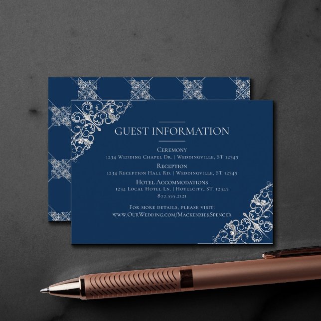 Carte D'accompagnement Filigree Art déco | Silver Navy Blue Guest Details (Créateur téléchargé)