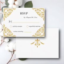 Filigree or élégant sur blanc, mariage RSVP
