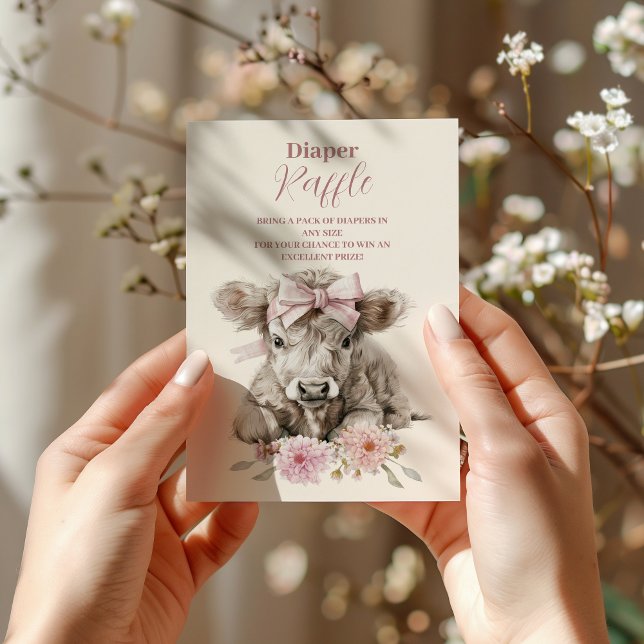 Carte D'accompagnement Fille rose Floral Highland Vache Baby Raffle Diapp (Créateur téléchargé)