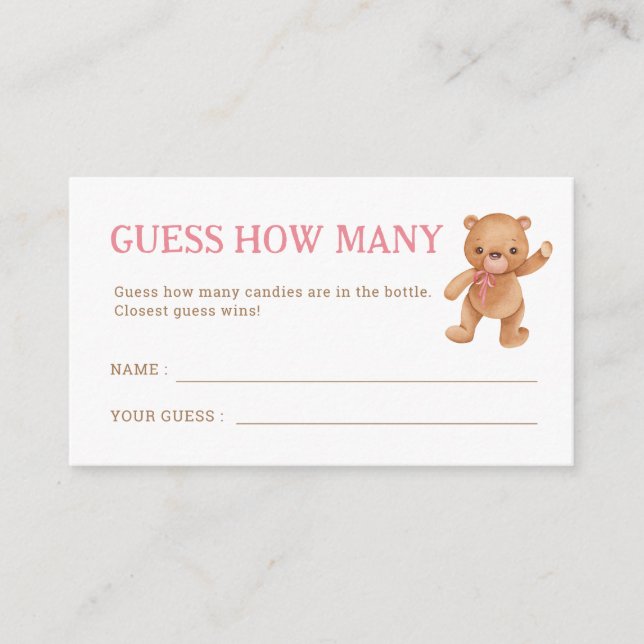 Carte D'accompagnement Fille Teddy Oear Baby shower Devine Combien (Devant)
