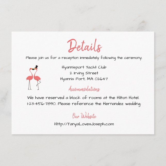 Carte D'accompagnement Flamant rose rose Détails du Mariage Tropical Summ (Devant)