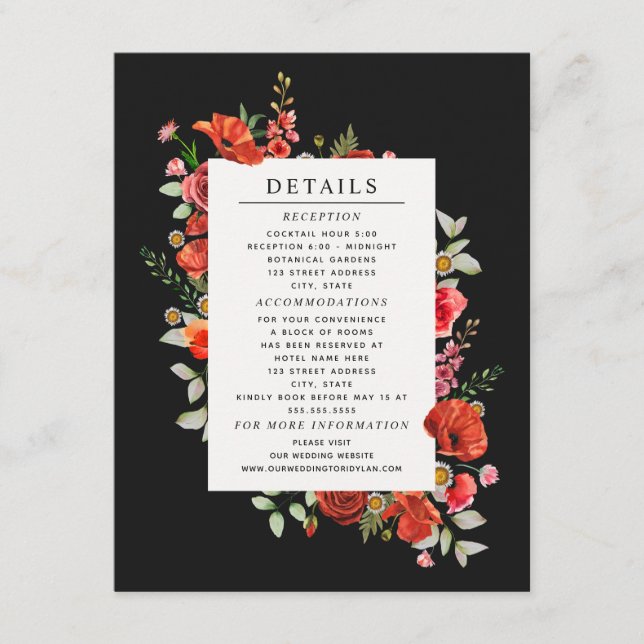 Carte D'accompagnement Fleur sauvage Botanique Poppy Dark Mariage Détails (Devant)